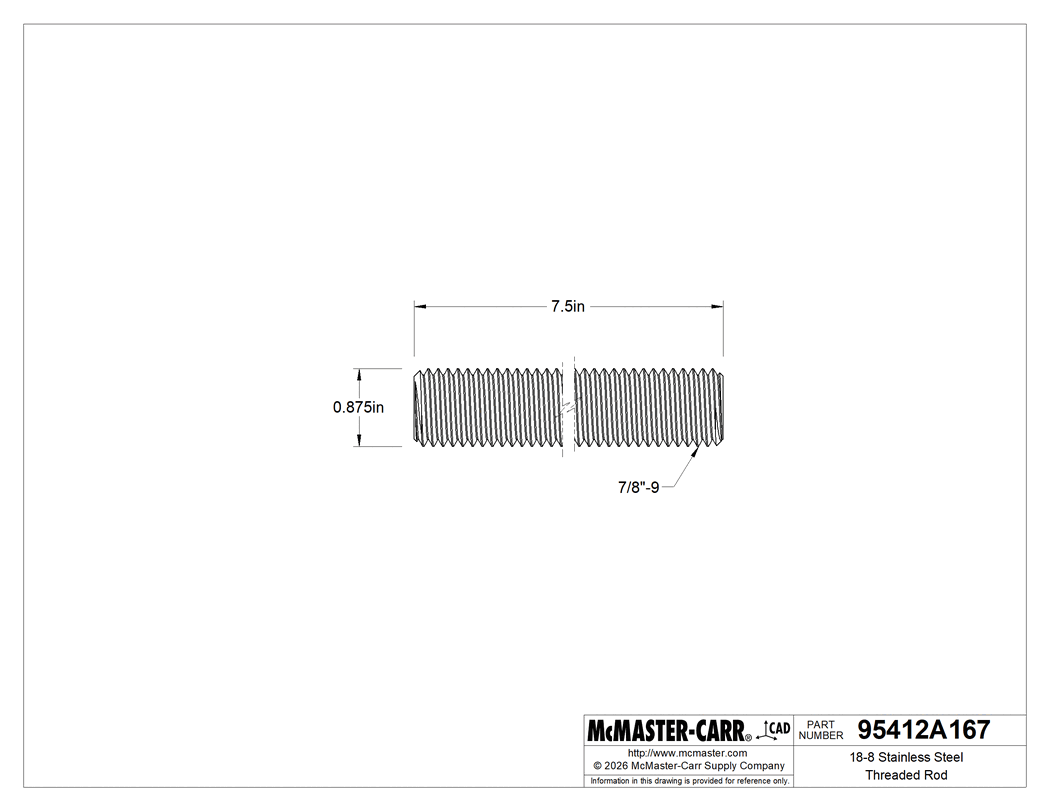 Technical Drawing of 18-8 Stainless Steel Threaded Rod, 7/8"-9 Thread Size, 7-1/2" Long.